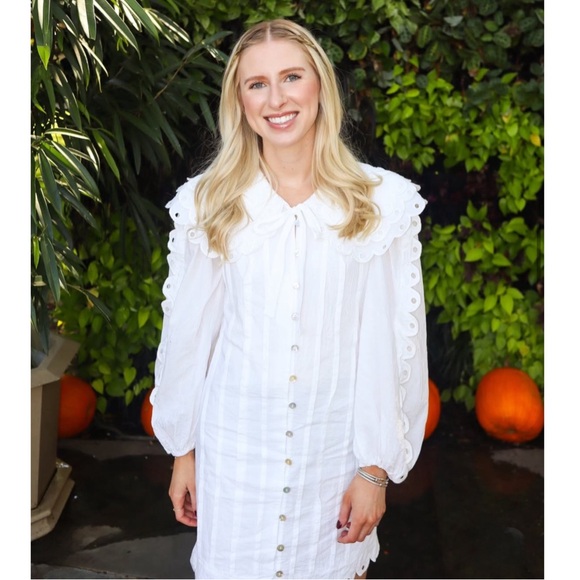 FARM RIO ANTHRO NWT White Embroidered Peter Pan Collared Long Sleeve Mini Dress - Picture 9 of 17